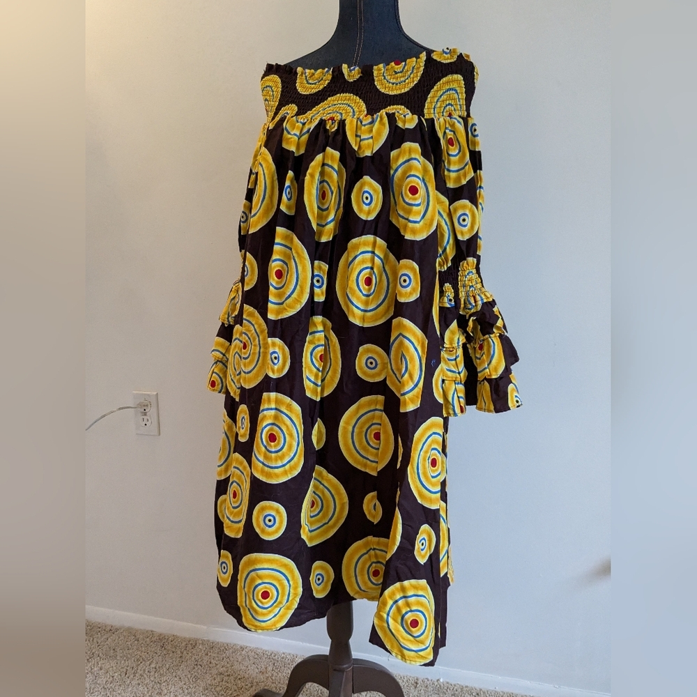Resort Wear NF 3/4 Ruffled Sleeve Smocked Off Shoulder Dress Brown Gold 0SFM